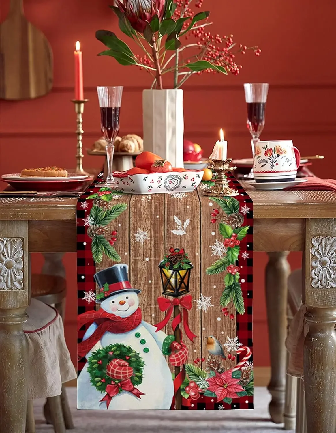 Christmas Snowman Poinsettia Wood Grain Linen Table Runners Party Deocr Winter Xmas Kitchen Table Runners Christmas Decorations
