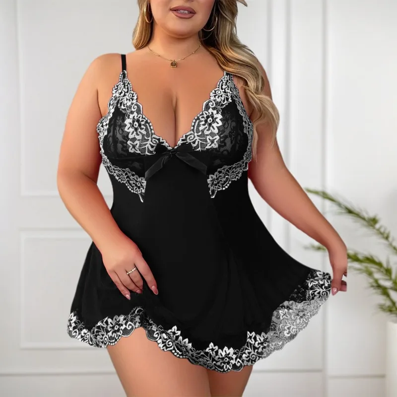 Top Fashion Short Skirt Sexy Lingerie Mesh Suspender Nightgown Lace Perspective Sexy Night Dress Plus Size Women's Pajamas Dress