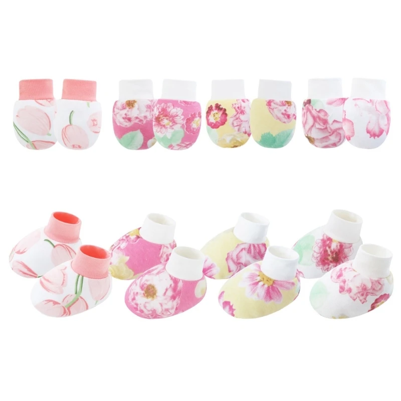 

M76C 4 Set Infant Scratch Prevention Mittens Foot Cover for Baby 0-6 Month Cotton Comfortable Anti-grab Gloves and Socks