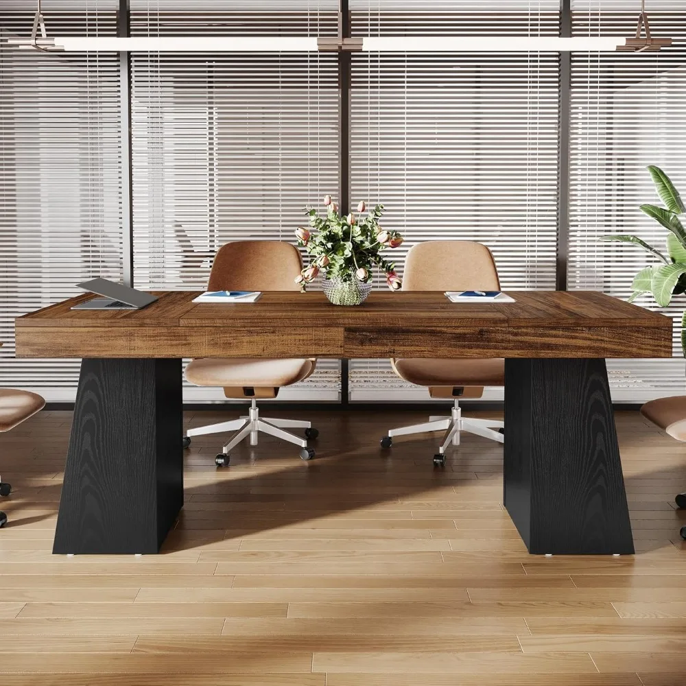 Mały drewniany stół konferencyjny w stylu wiejskim, 55,1 W, dla 4 osób, podwójne nogi trapezowe, idealny do sali konferencyjnej i na symposia.