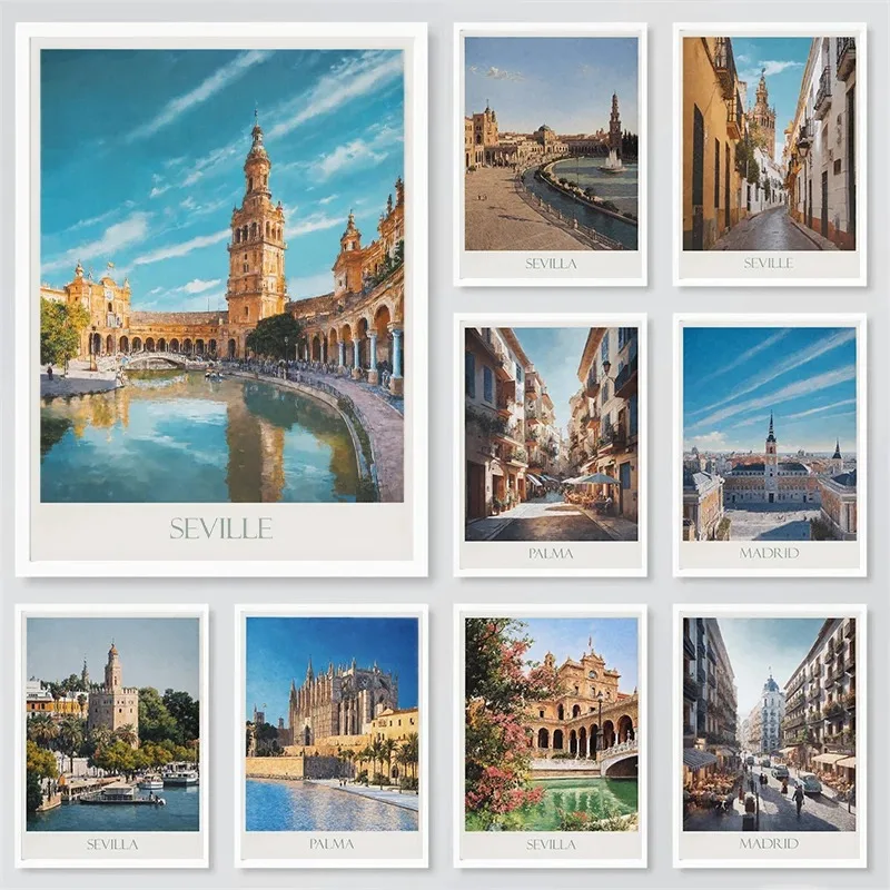 Póster impreso en lienzo para decoración del hogar, arte de pared de Viaje de España, ciudad, Seville, Madrid, Palma, hermoso paisaje