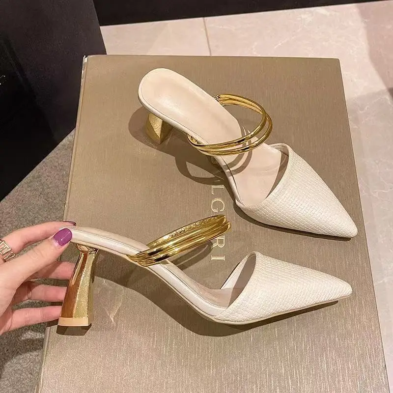 

2026 Women Summer Fashion Slide Sandals Two Styles Wear Closed Toe Chunky Block Heel Pointed Slippers