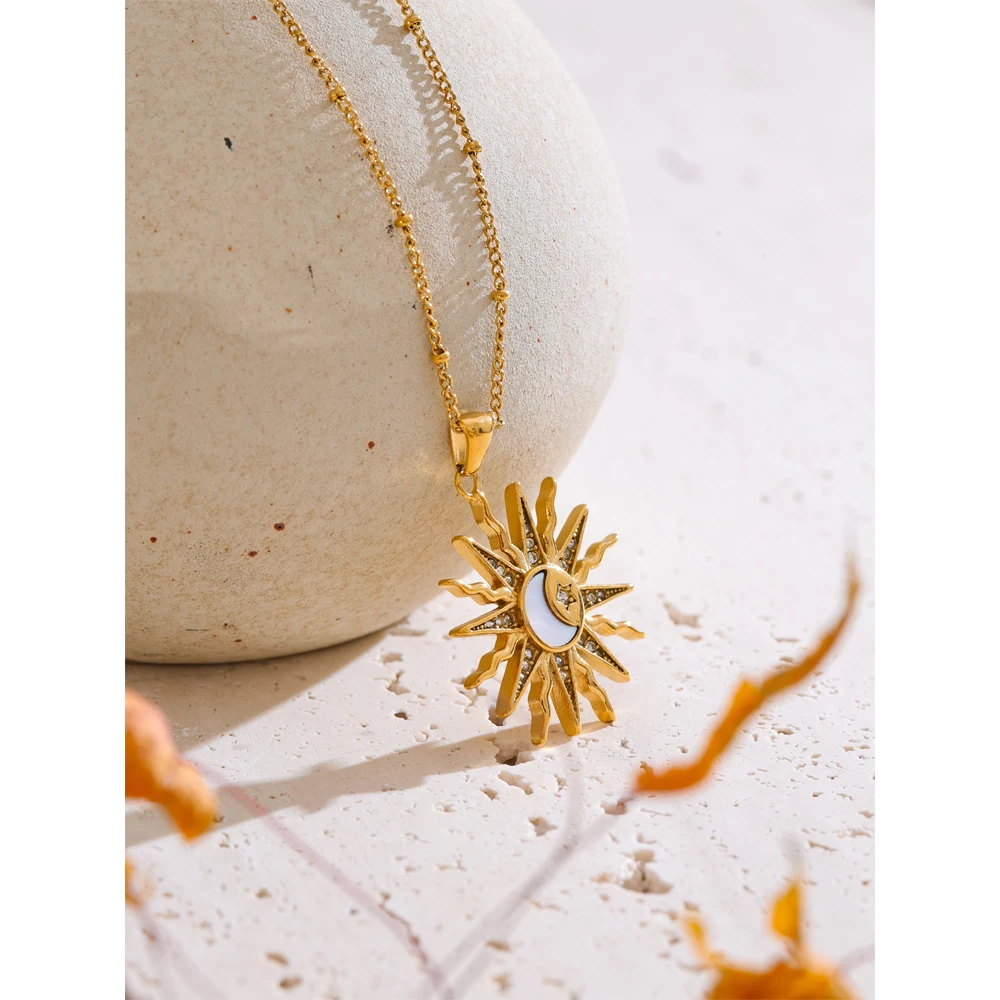 Yhpup 50+6cm Arrivals Zircon Shell Sun Moon Pendant Necklace Stainless Steel Golden Collar Exquisite Jewelry Accessories Gift