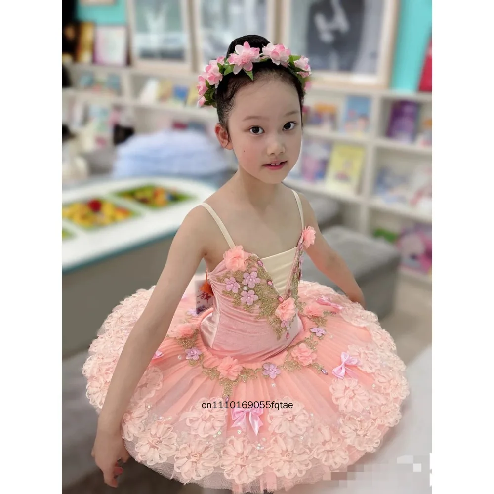 Girls Fairy Peach Tutu Skirt Professional Ballet Dance Dress Kids Performance Costume Stage Show Clothes For Dance Studio Recita - view 5