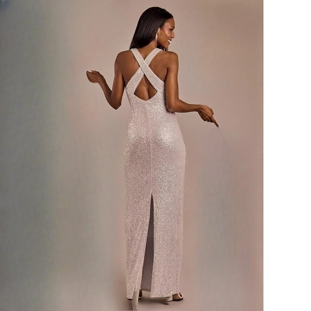 Customized 2026 Silver Sequin Evening Dress Sleeveless V Neck Keyhole Mermaid Gown Sparkly Prom Party Wedding Guest Formal Dress