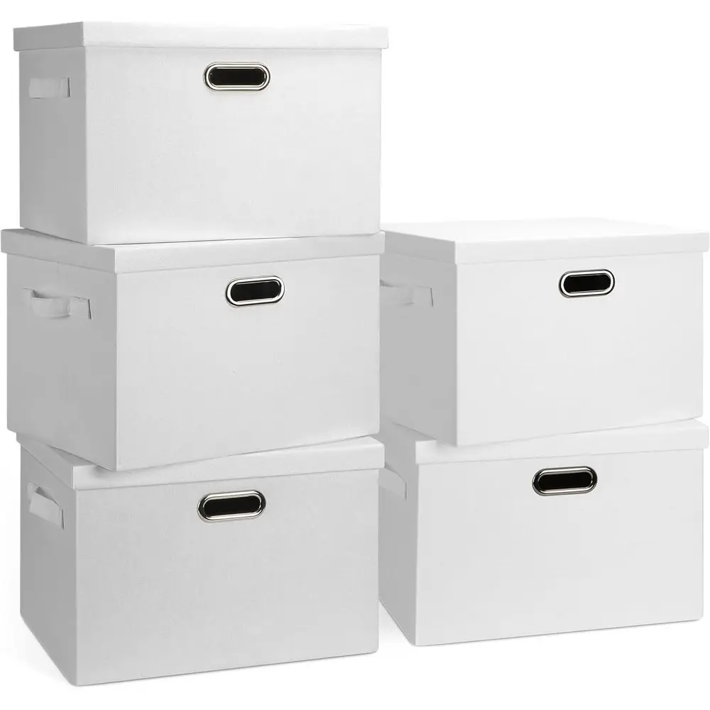 

Large 17" 36 Quart Collapsible Stackable Storage Bins with Lids, 5 Packs White Linen Fabric Closet Boxes with Lids, Storage Cube
