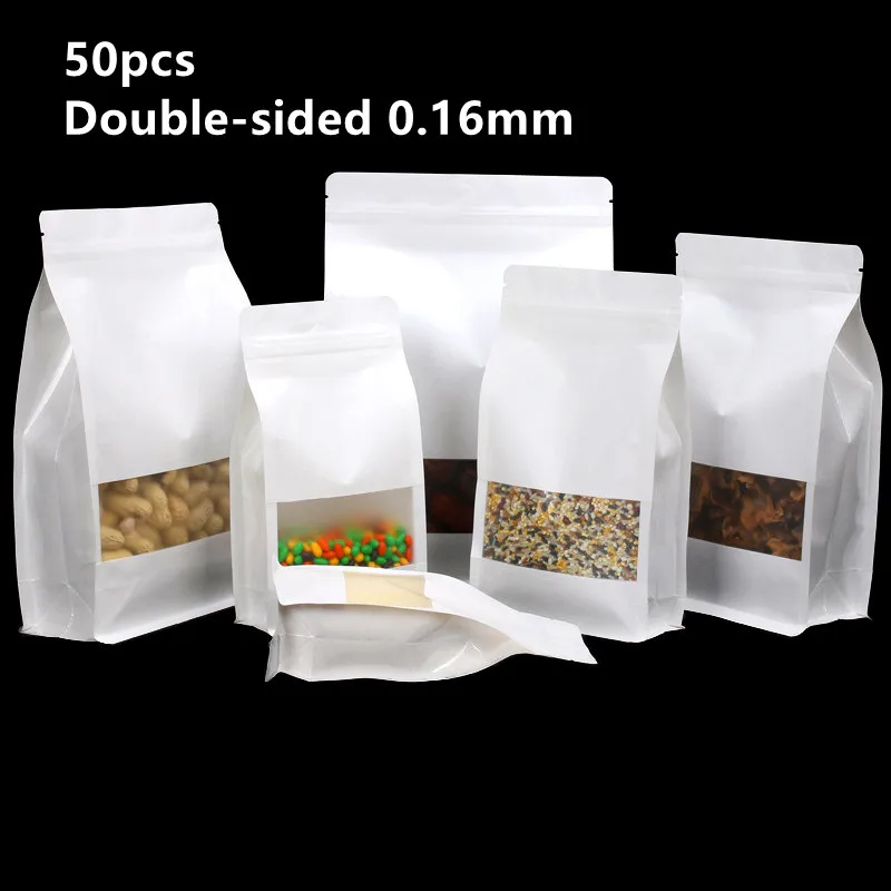 50pcs White Kraft Paper Bag Frosted Window For Snack Nuts Nougat Food Seal Waterproof Packaging Coffee Bean Storage Pouch Custom