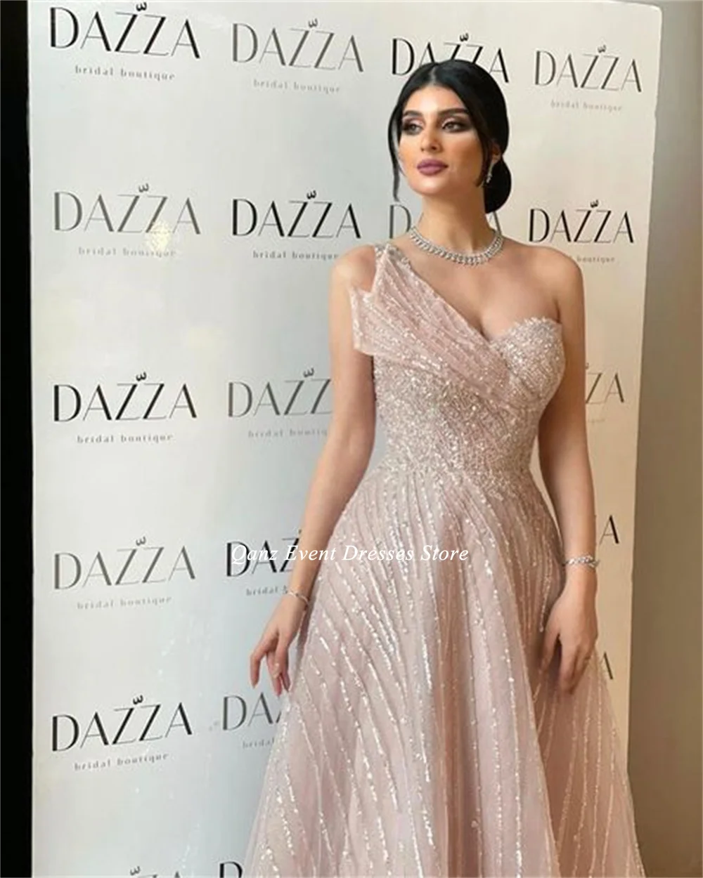 Qanz Pink Tulle Prom Dress Long A Line Sequined Luxury Dresses Evening Formal Occasion Dresses Abendkleider Dubai Customized