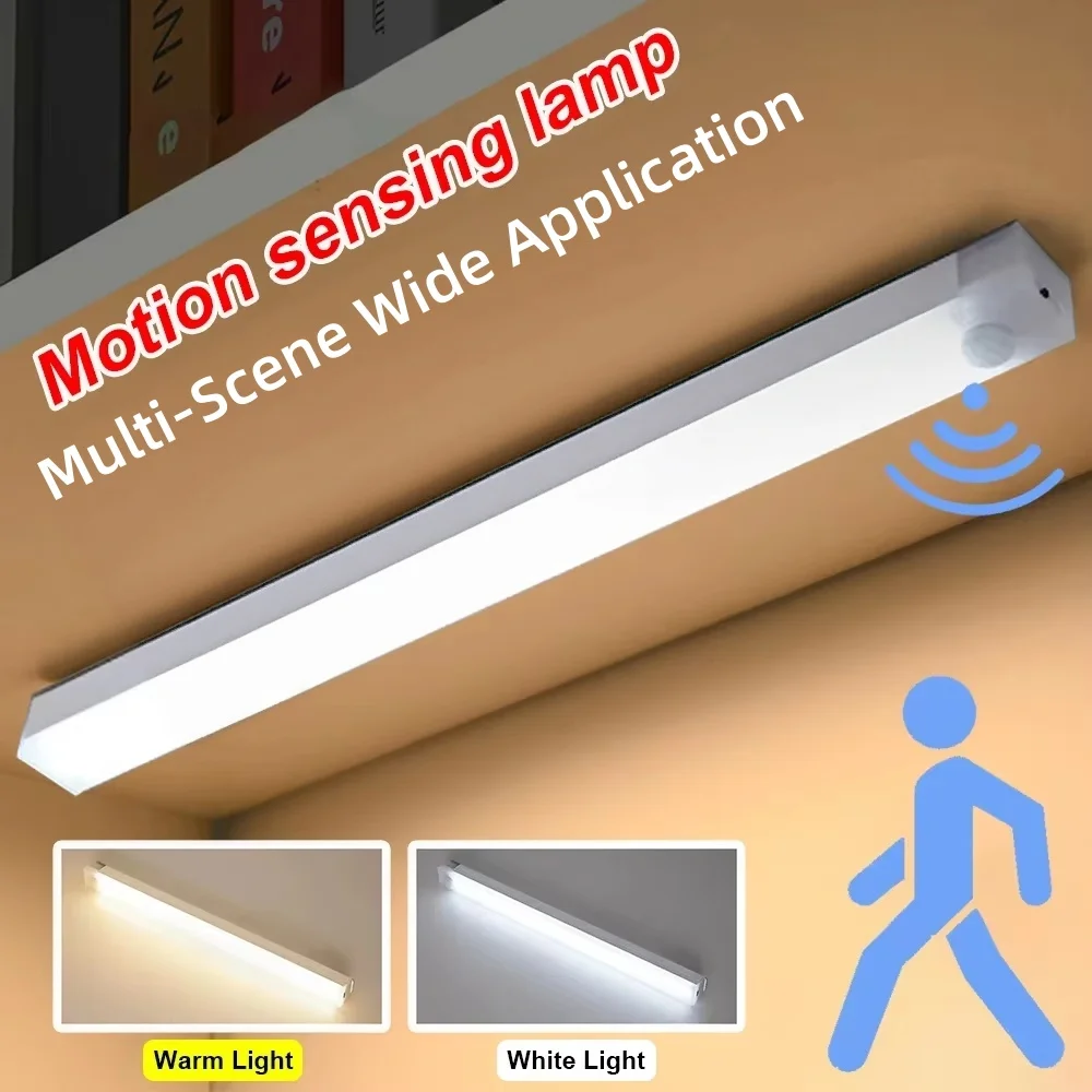 Rechargeable Motion Sensor Magnetic LED Under Cabinet Light Dimmable Long Strip Lamp Drill-Free Stick-on Closet Night Light