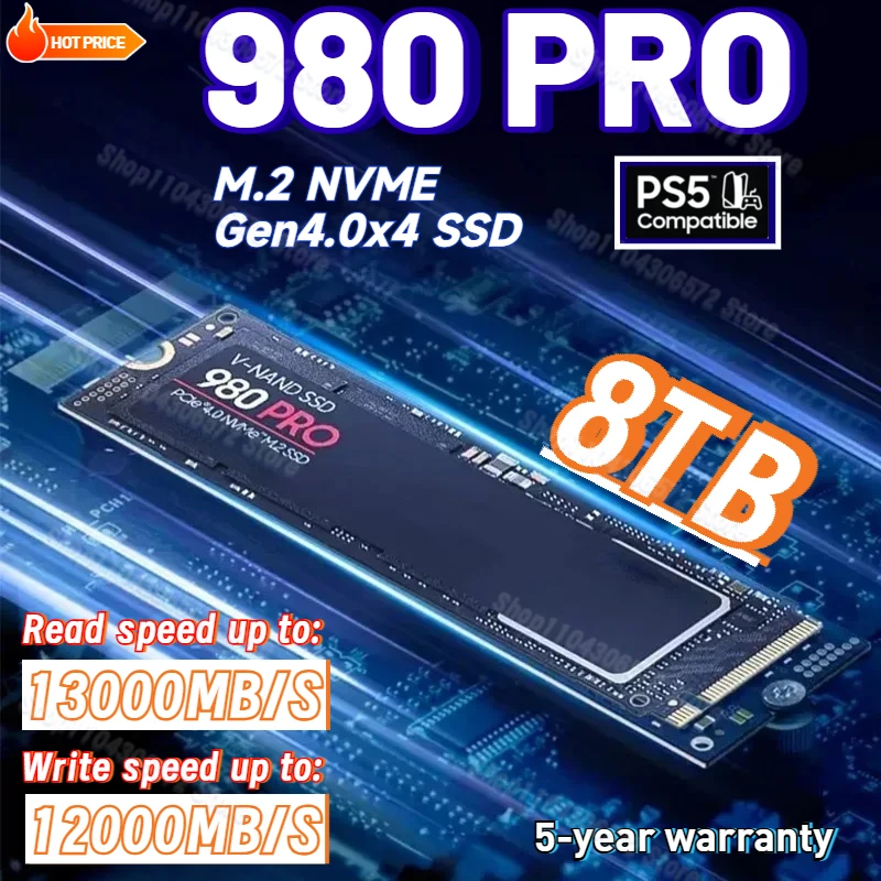 

2025 New 980Pro SSD NVMe M.2 2280 1TB 2TB 4TB 8TB Hard Disk Internal Solid State Drive PCIe 4.0 for PS5 Laptop PC Desktop Laptop