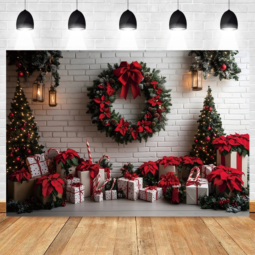 Winter Christmas Backdrop White Brick Wall Xmas Tree Wreath Gift Christmas Home Decoration Family Party Photography Background