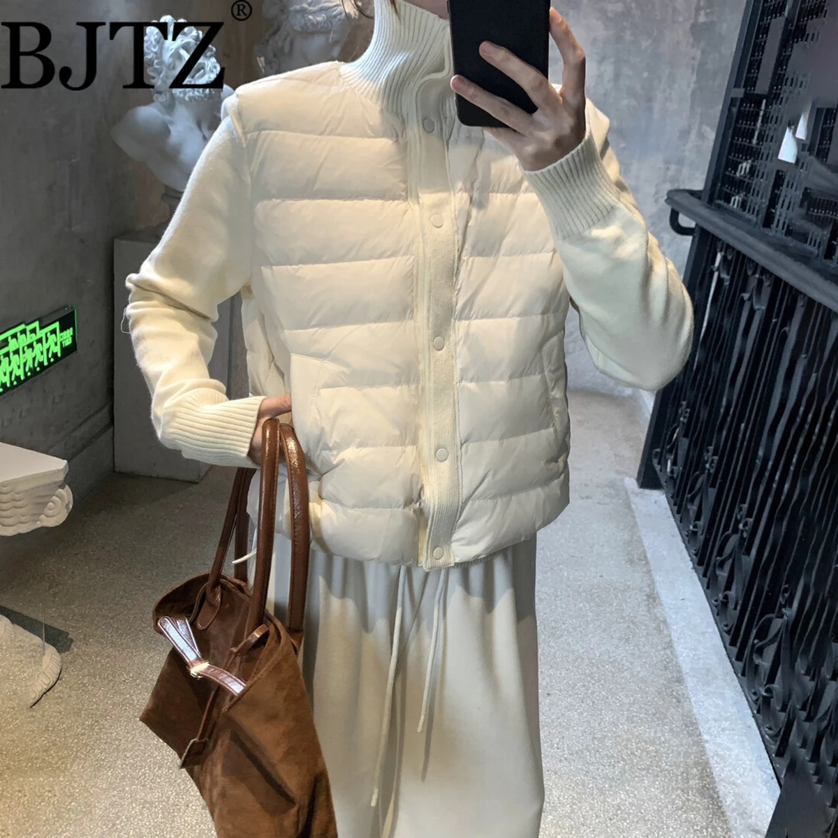 

BJTZ Women’s Designer Thermal Down Puffer Jacket with Knit Sleeves Elegant Casual Premium Quality Autumn Winter 2025