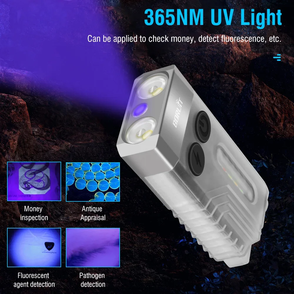 BORUiT-Llavero con linterna V10 EDC, minilinterna portátil recargable tipo C, luz de trabajo con imán, pitido UV, linterna de bolsillo para acampar