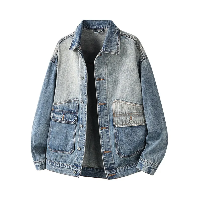 Men Color‑Block Gradient Washed Denim Jacket Loose Drop‑Shoulder Multi‑Pocket Lapel Casual Outerwear Coat