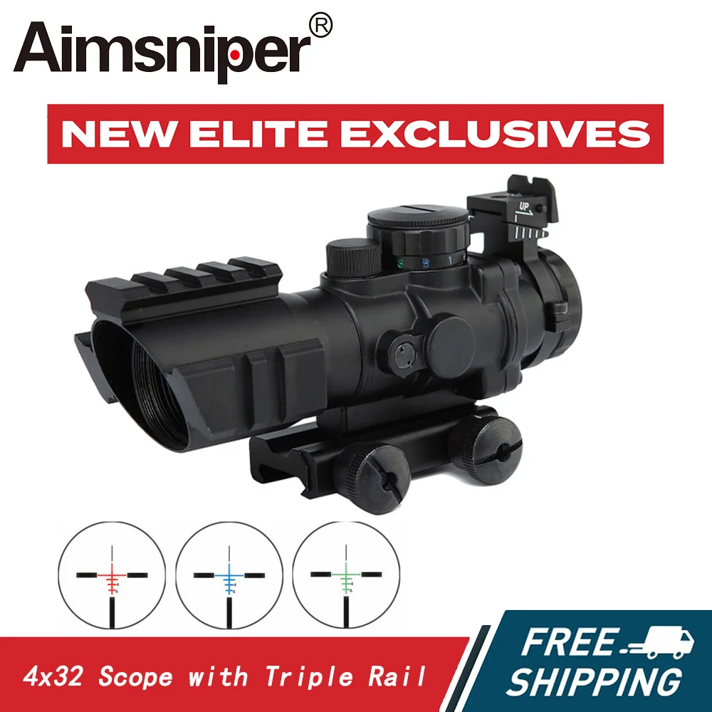 

Aimsniper-Tactical Riflescope, Illumination Rifle Scope with Triple-Rail for Gun, Reflex, Optics Sight, Red, Green, Blue, 4x32