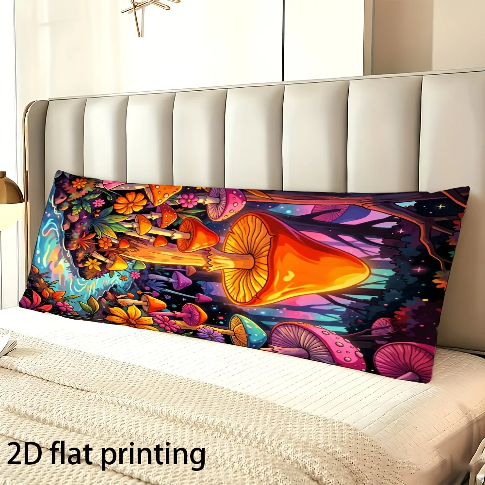 Long Pillowcase, 2D Printed Design, Fantasy Forest Mushroom Stream Pattern, Durable Fabric, Full-body Support Pillow Cover, Cush