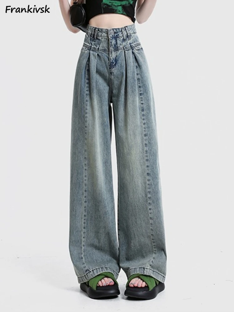 

Pleated Jeans Women Korean Style Wide Leg Loose Elegant Denim Do Old Pocket 2023 Full Length Solid Simple All-match High Waist