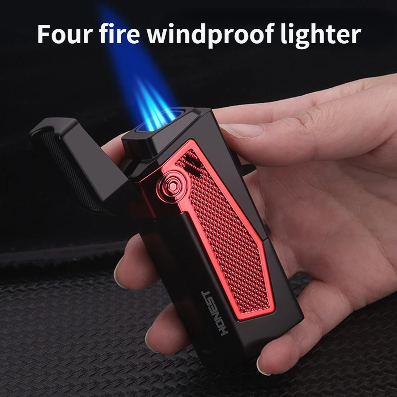 HONEST 4 Jet Cigar Lighter Metal Turbo Torch Multifunction Lighter Fire Strong Windproof Lighter with Cigar Drill Men's Gift