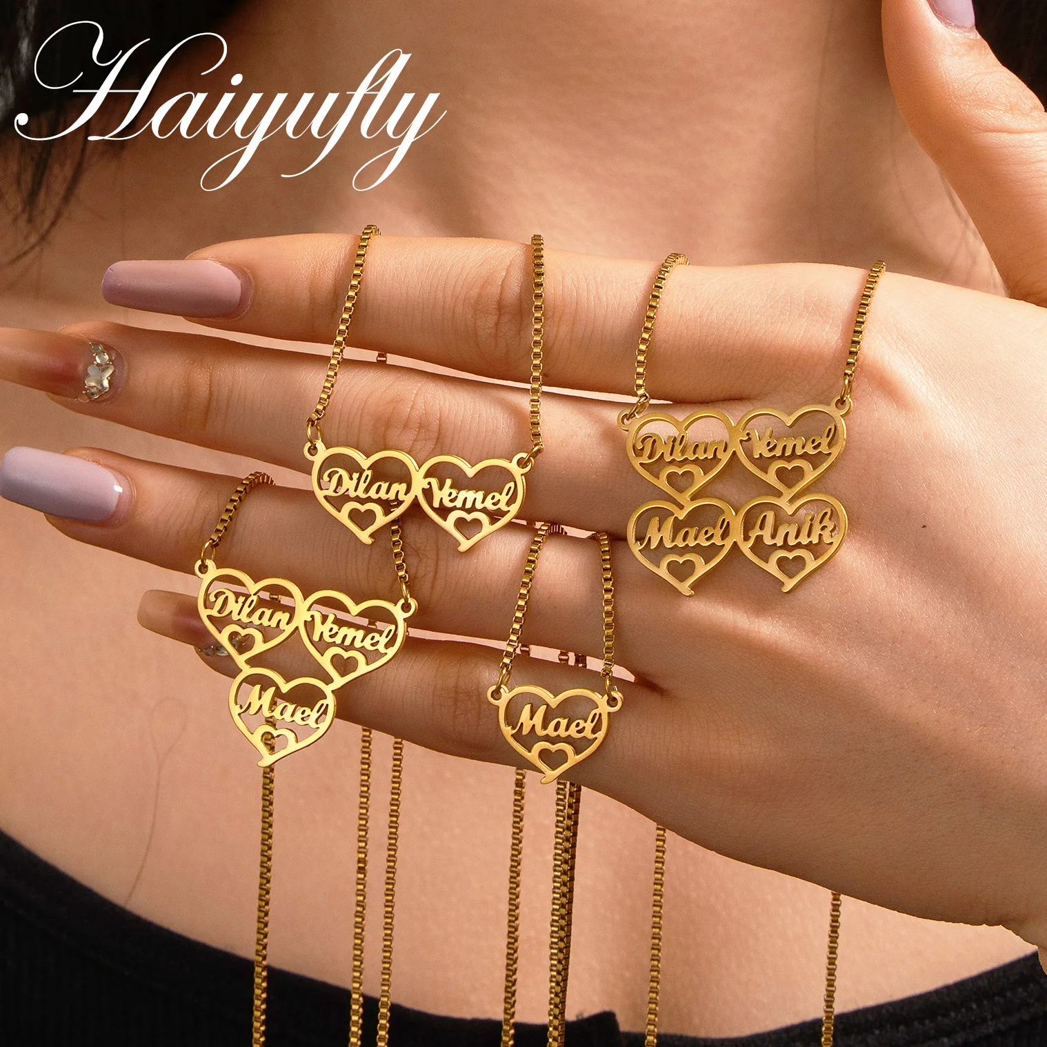 

Haiyufly Custom Heart Names Necklace for Women Stainless Steel Jewelry Nameplate Choker Chains Personalized Family Birthday Gift