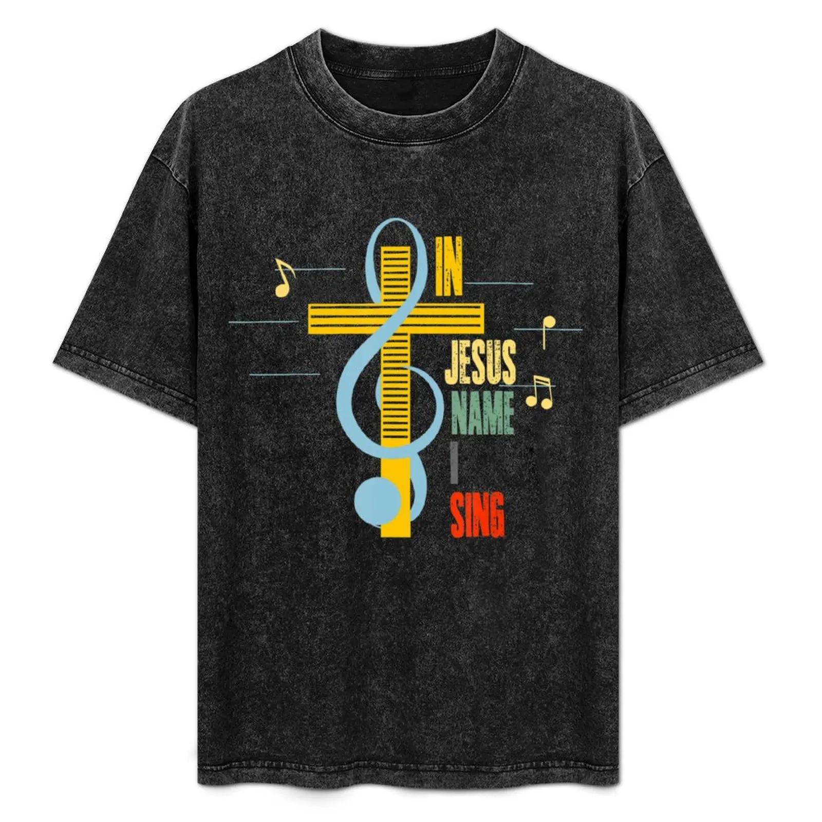

In Jesus Name I Sing Music Note Cross Vintage T-Shirt All Match Basic Short Sleeve Top