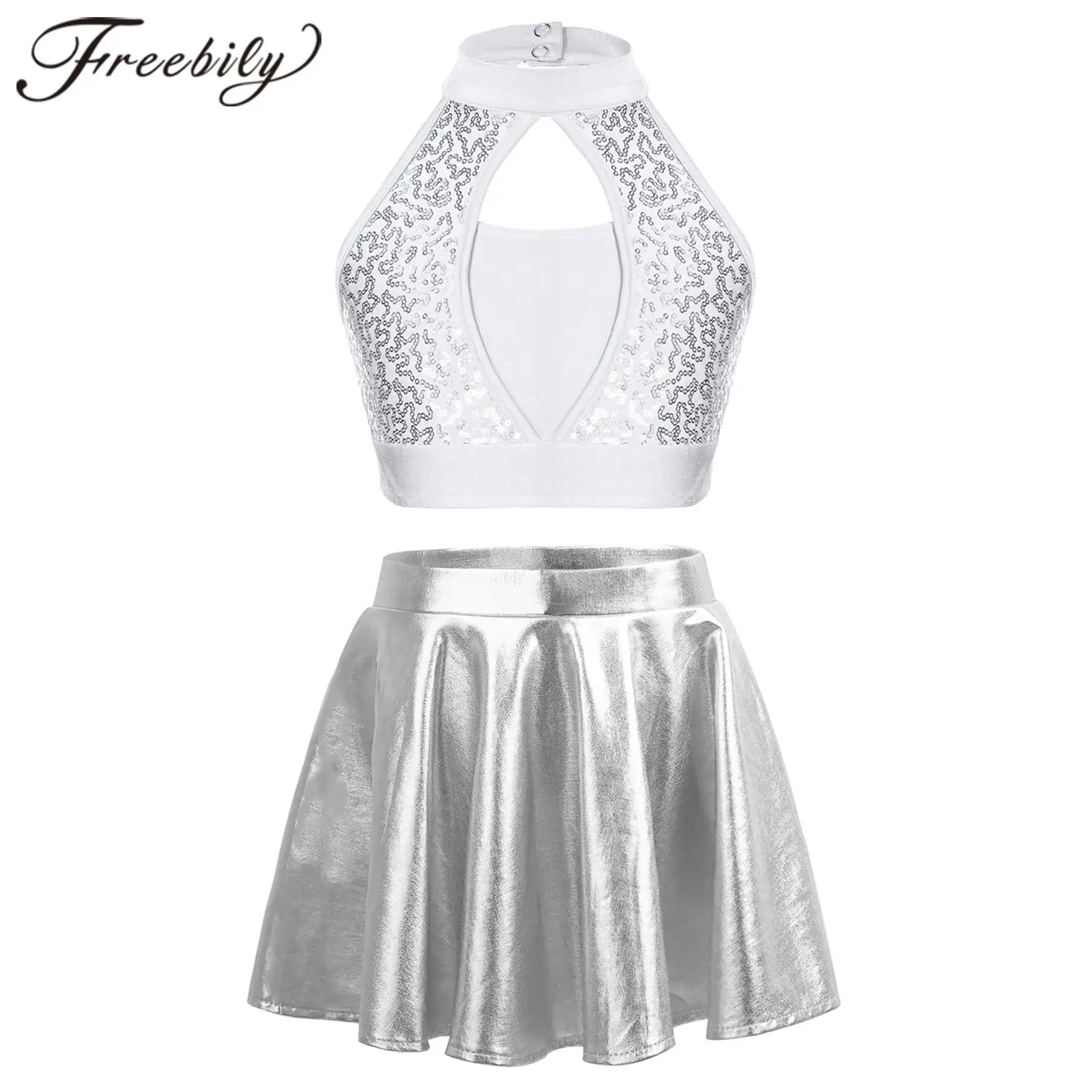 Kids Girls Cheerleading Uniform Outfits Two-Piece Sets Sequin Sleeveless Crop Top with Metallic Skirt Childs Cheerleader Costume