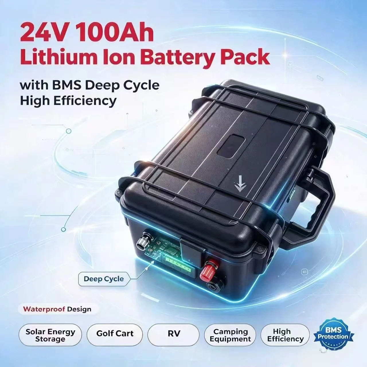 24V 100Ah Lithium Ion Battery Pack with BMS Deep Cycle High Efficiency for Solar Energy Storage,Golf Cart, RV,Camping equipment