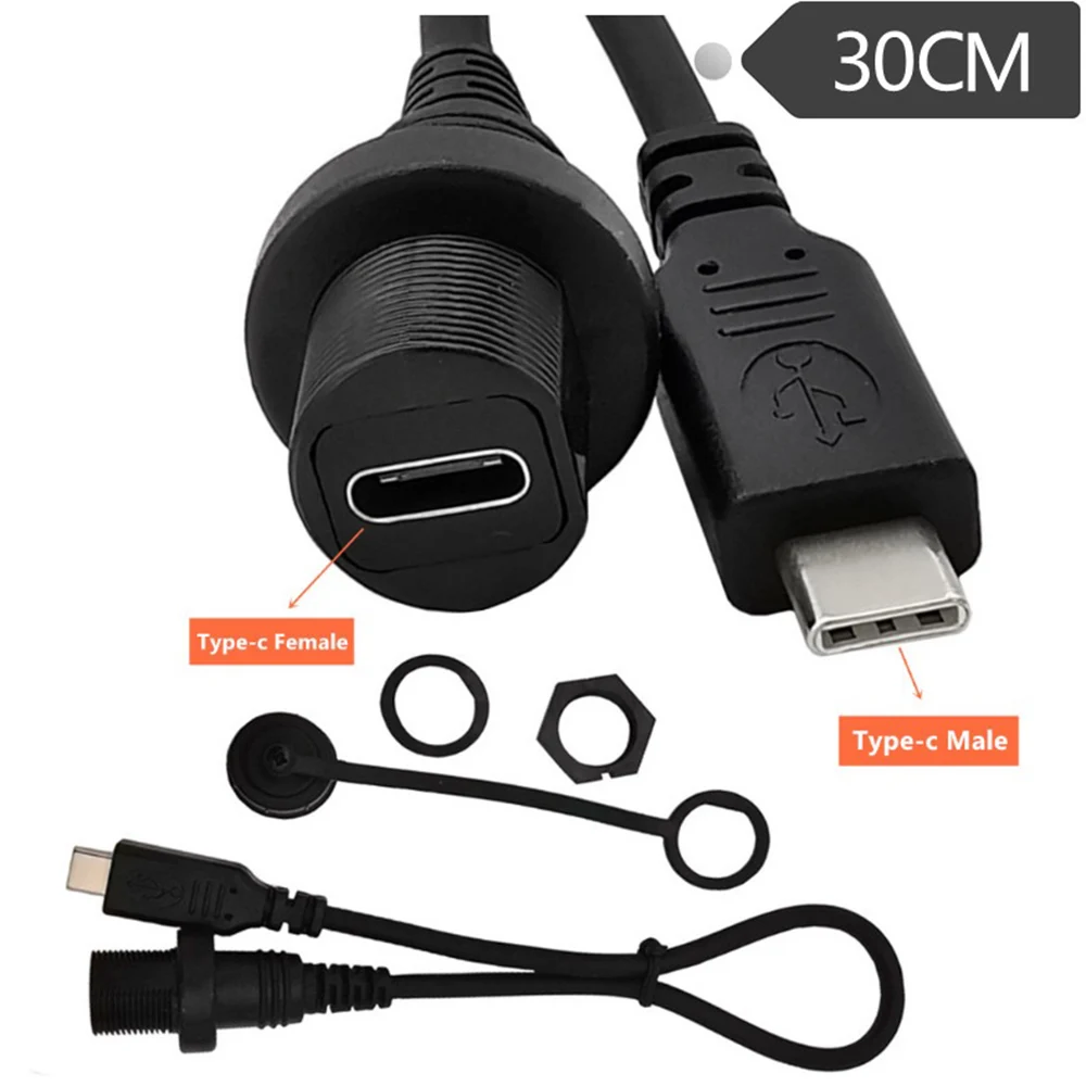 USB Type C 3.1 Flush Mount Cable Waterproof Kit Accessories Car Dash Panel Mount  Extender Adapter Car Boat Motorcycle Motorbike