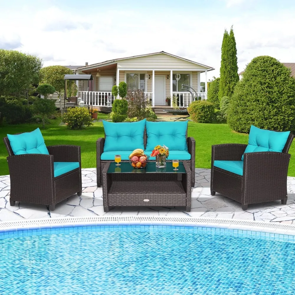 4-Piece Patio Furniture Set, Rattan Wicker Chair Set with 1 Loveseat, 2 Single Sofas, 1 Coffee Table with Tempered Glass Top