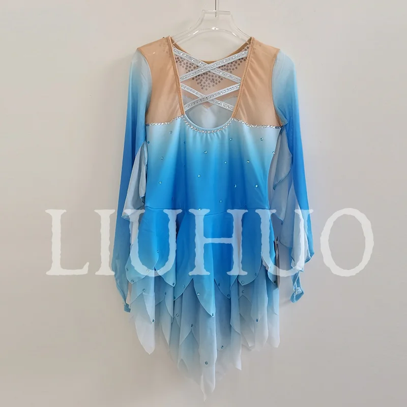 ชุดสเก็ตน้ำแข็ง LIUHUO สำหรับเด็กหญิง ผู้หญิง วัยรุ่น ผ้าสแปนเด็กซ์ยืดหยุ่น สีไล่ระดับน้ำเงิน สำหรับการแข่งขัน ขายส่ง รุ่น BD9156
