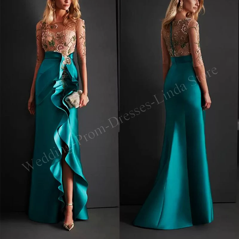 

Elegant Beading Appliques Evening Dresses for Women Satin Illusion Floor-Length Side Slit Ruffles Formal Wedding Party Prom 2023