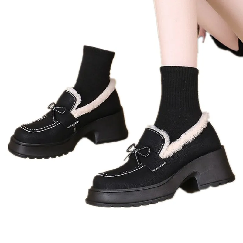 Winter Shoes Women Casual Flat Shoes Women's Moccasins Soft Loafers Fashion Comfort Warm Plush Bow Slip on Female Cotton Shoes