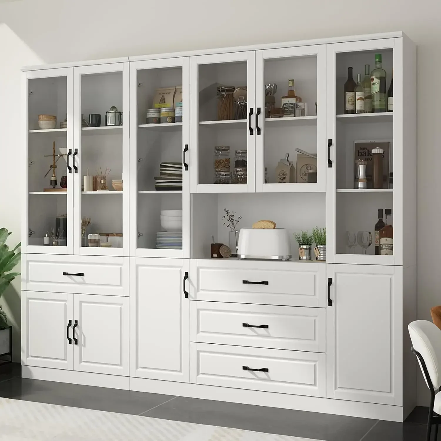 

Tall Bookshelf with Glass Doors & Drawers, 2 Piece Large Storage Cabinet Set, Home Office Bookcase with Doors, Glass Display