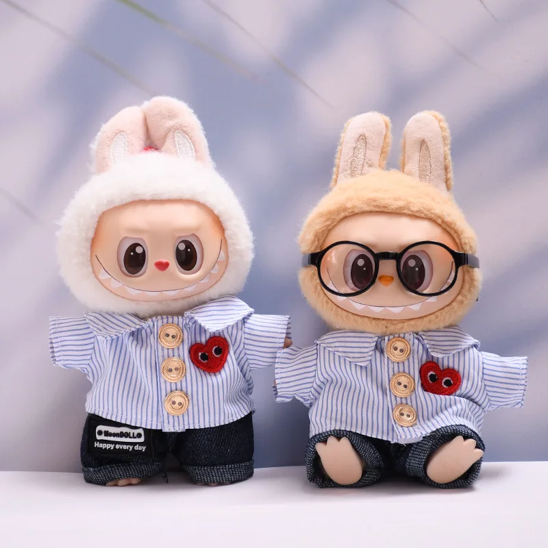 

For 17cm Labubu Clothing Set Heart-shaped Striped Shirt Glasses Shoes V1 V2 V3 Labubu Clothes Outfit DIY Doll Accessories Toys