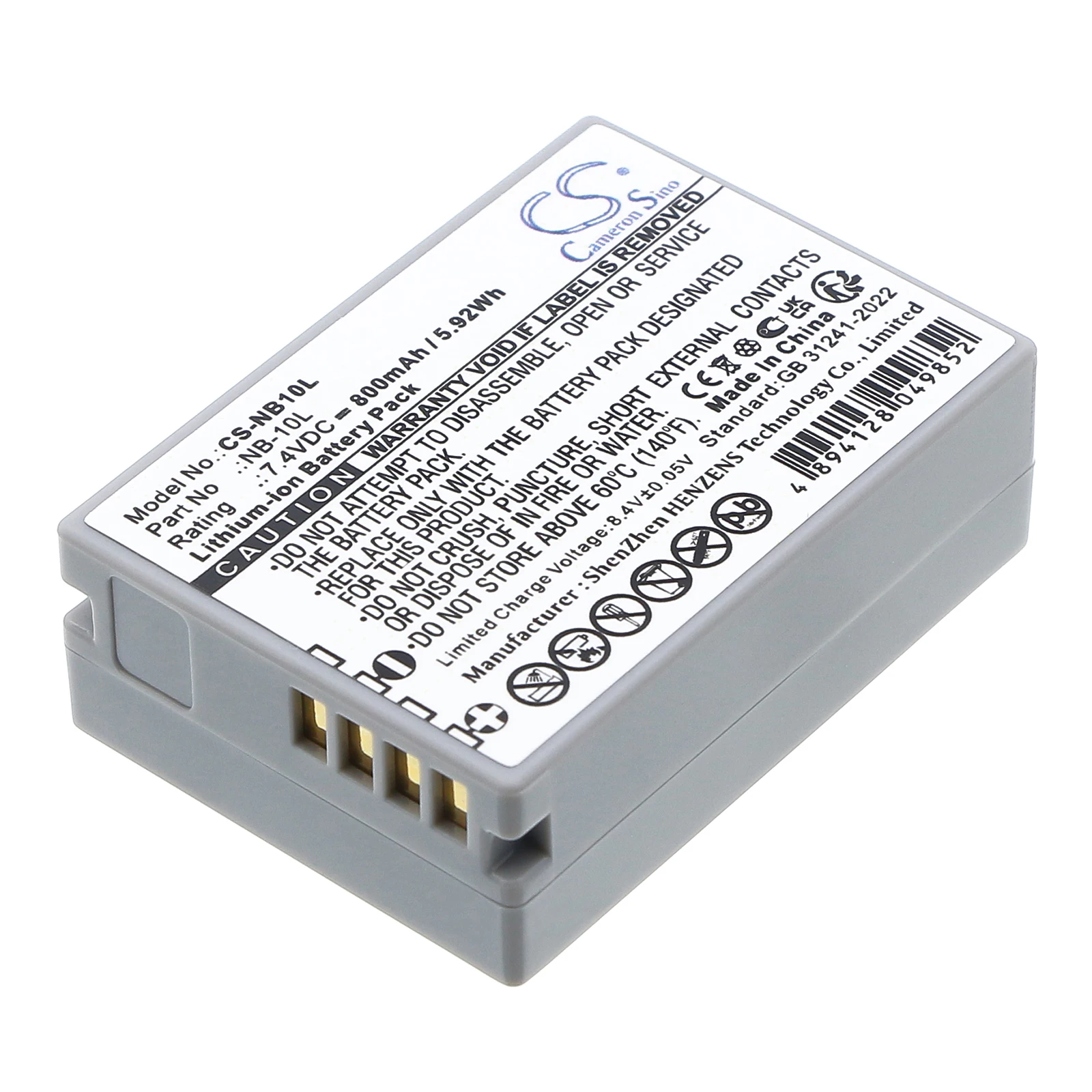 CS Replacement Battery for Canon PowerShot SX40 HS,PowerShot G1 X PN:NB-10L 800mAh / 5.92Wh