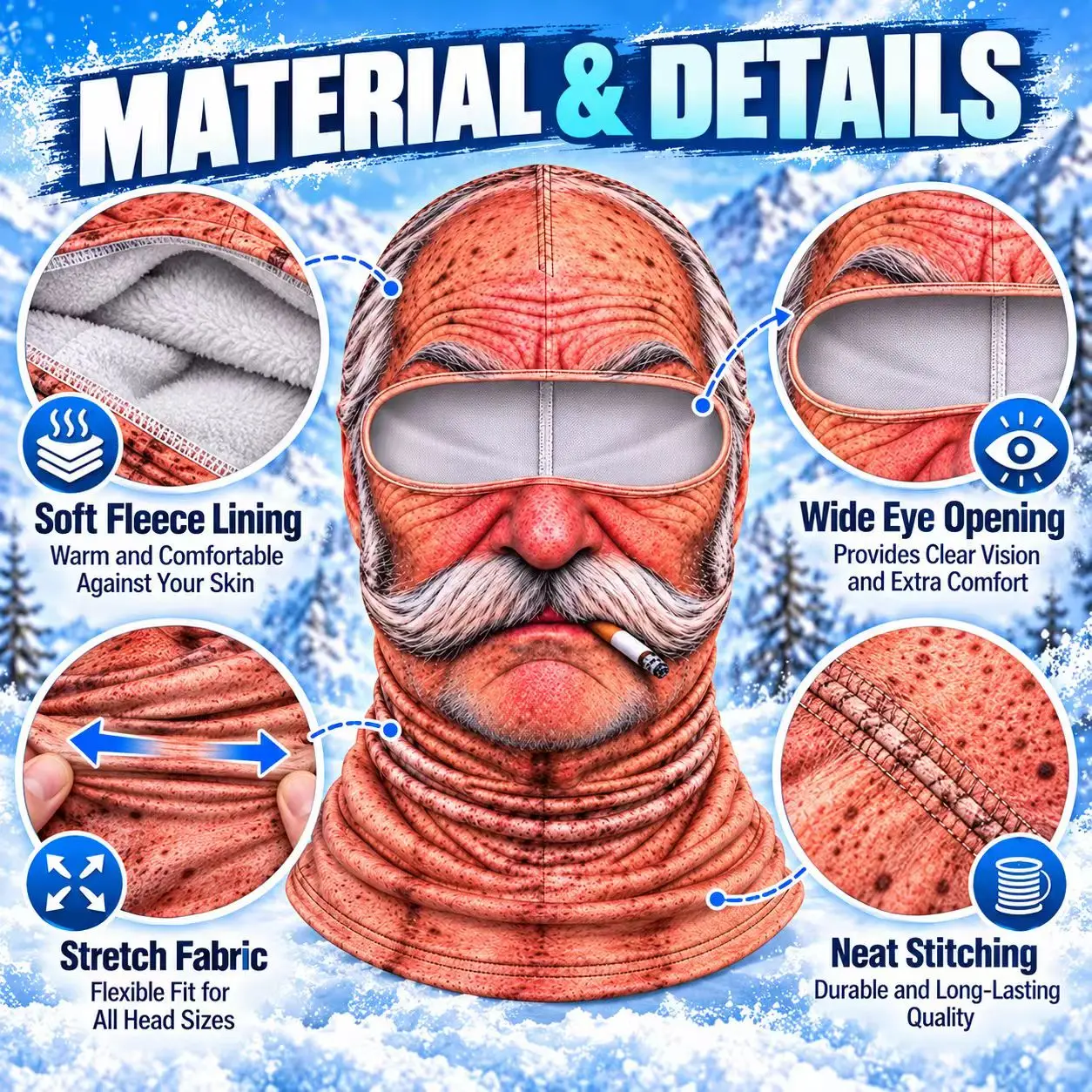 3D-gedruckte Sturmhaube mit Opa-Gesicht, Fleece-gefütterte, warme, winddichte Vollgesichtsmaske, lustige Scherzkopfbedeckung für Outdoor-Sport & Cosplay – Detail 3