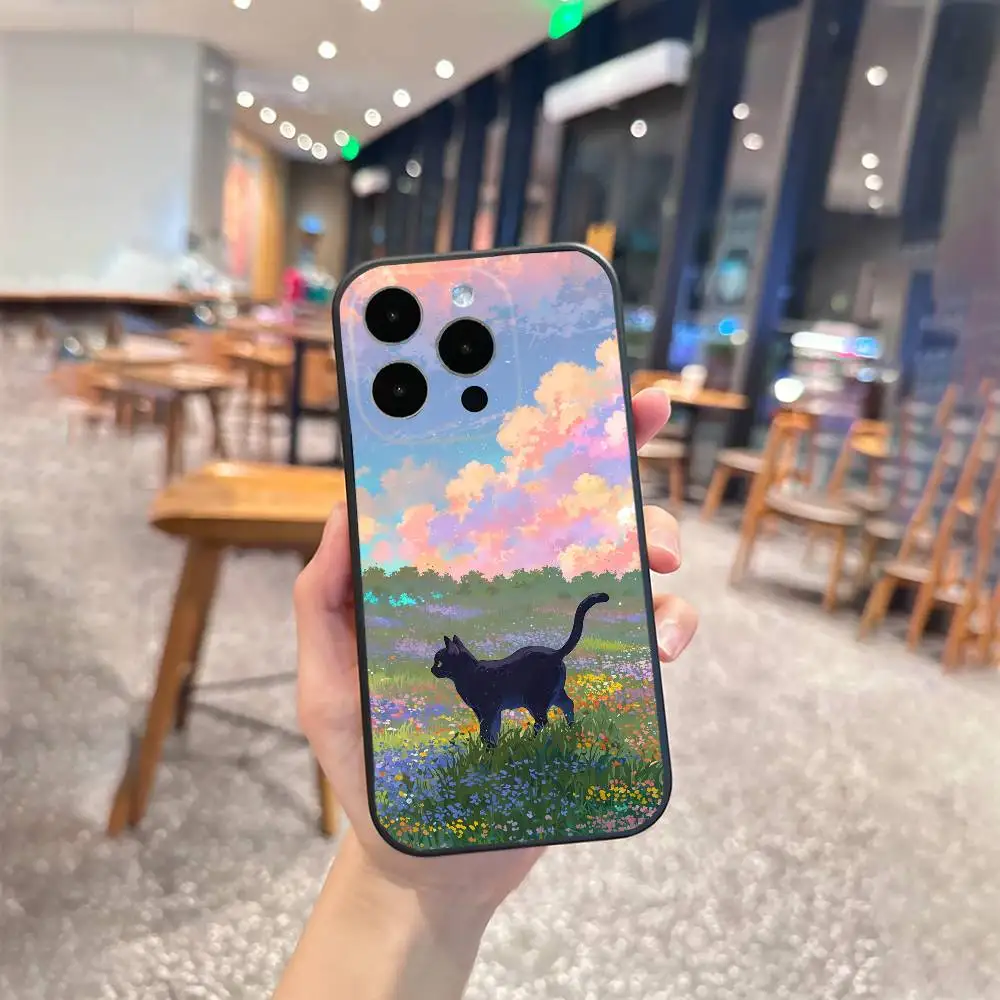 เคสโทรศัพท์ลายแมวสีดำฟรี สำหรับ iPhone 16,15,14,13,12,17,Pro Max,Plus  วัสดุซิลิโคนสีดำ