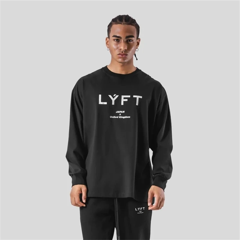 LYFT JAPAN&UK Print Long Sleeve 100%Cotton Men T-shirt Gym Fitness Bodybuilding Workout Casual T Shirt Male Tee Tops Sport Shirt