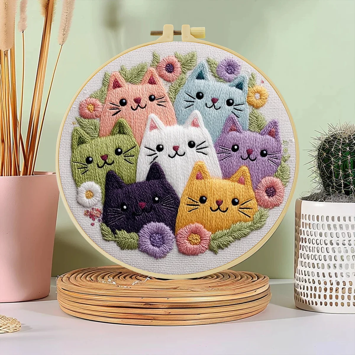 1 Stück 20X20CM/7,87 Zoll Niedliches Katzen-Stickerei-Starter-Kit DIY-Set Handwerk Malerei Nähen Kunst Nadelkunst – Detail 1