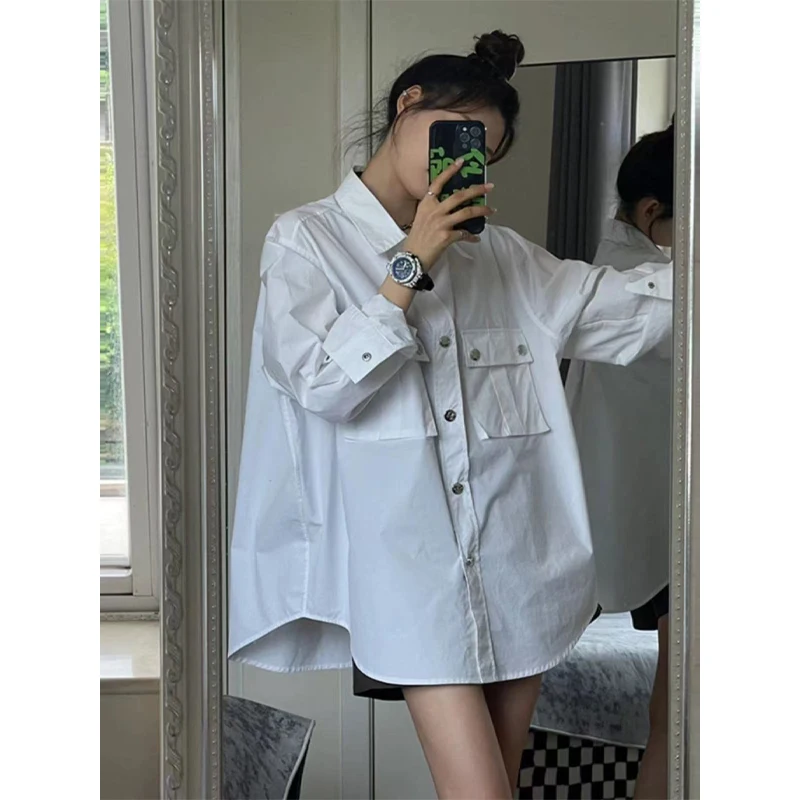 

Bla Simple Long Sve irt Женский весенне-осенний новый ленивый Sle Уникальная аосфера Маленький топ с женским воротником...