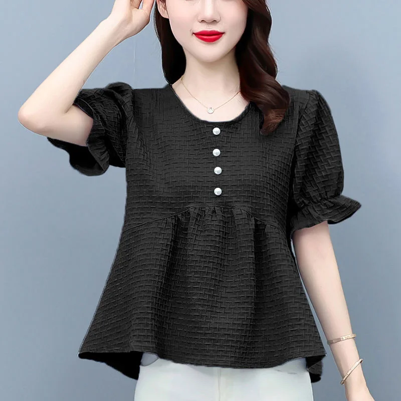 Elegant O-Neck Button Loose Folds Ruffles Blouse Women Clothing 2023 Summer New Casual Pullovers Office Lady Puff Sleeve Shirt