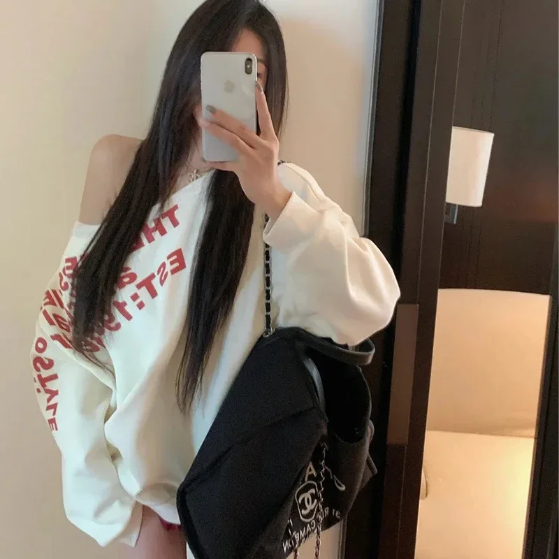 Slant Shoulder Letter Sweatshirt Women American Thin Hot Loose Thin Spring Fall Lazy Harajuku Y2K Pullover Hip Hop Jazz Tops