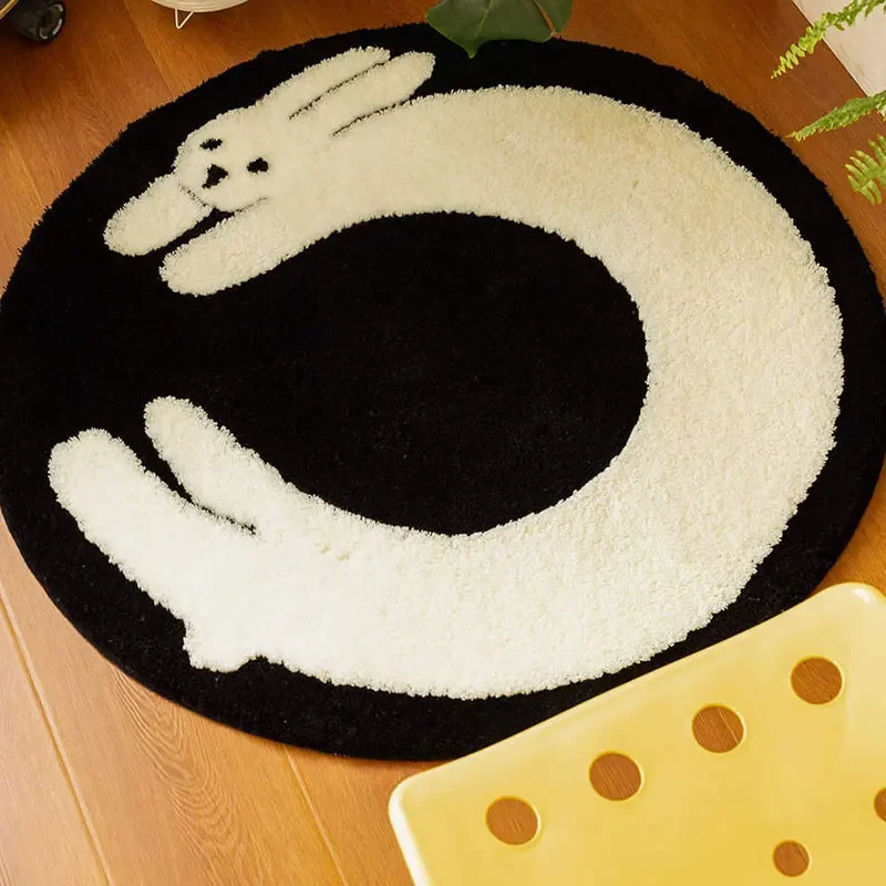 Round Rabbit Rug Cartoon Moon Rabbit Children's Bedroom Bedside Rug Cloakroom Floor Mat Soft Non-Slip Carpet Room Decoration