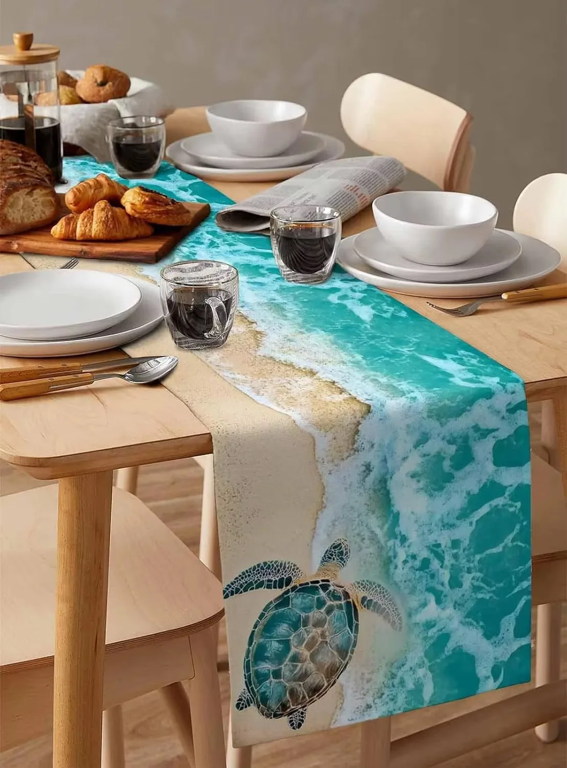 Sea Turtle Ocean Wave Table Runner Turquoise, Beach Summer Linen Decor for Kitchen Dining and Party Occasions