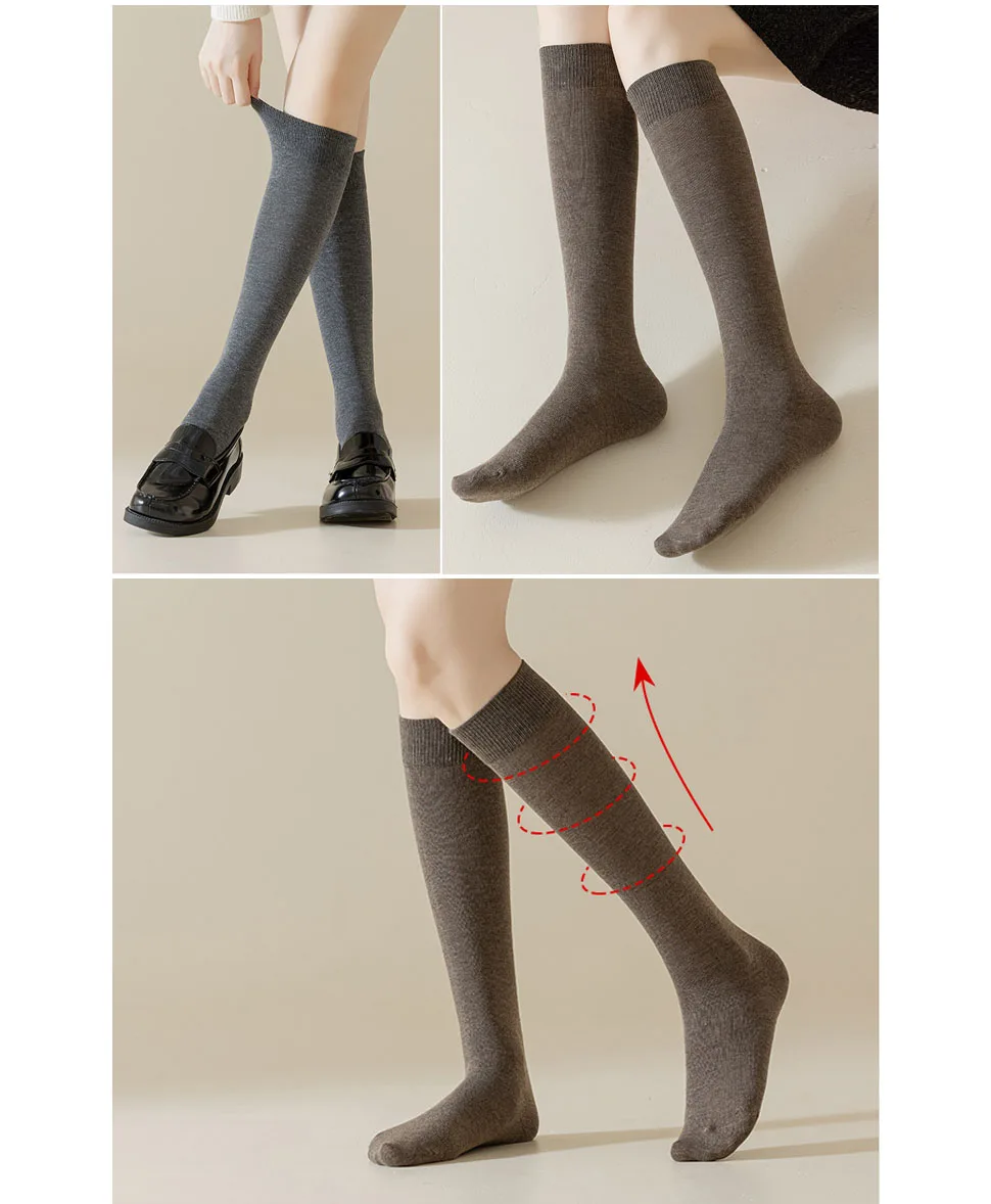 5 Paar Damenstrümpfe aus Baumwolle, einfarbig, schweißabsorbierend, atmungsaktiv, lange Crew-Socken, Kompressionsstrümpfe für Studentinnen, unterhalb des Knies, Wadensocken – Detail 5