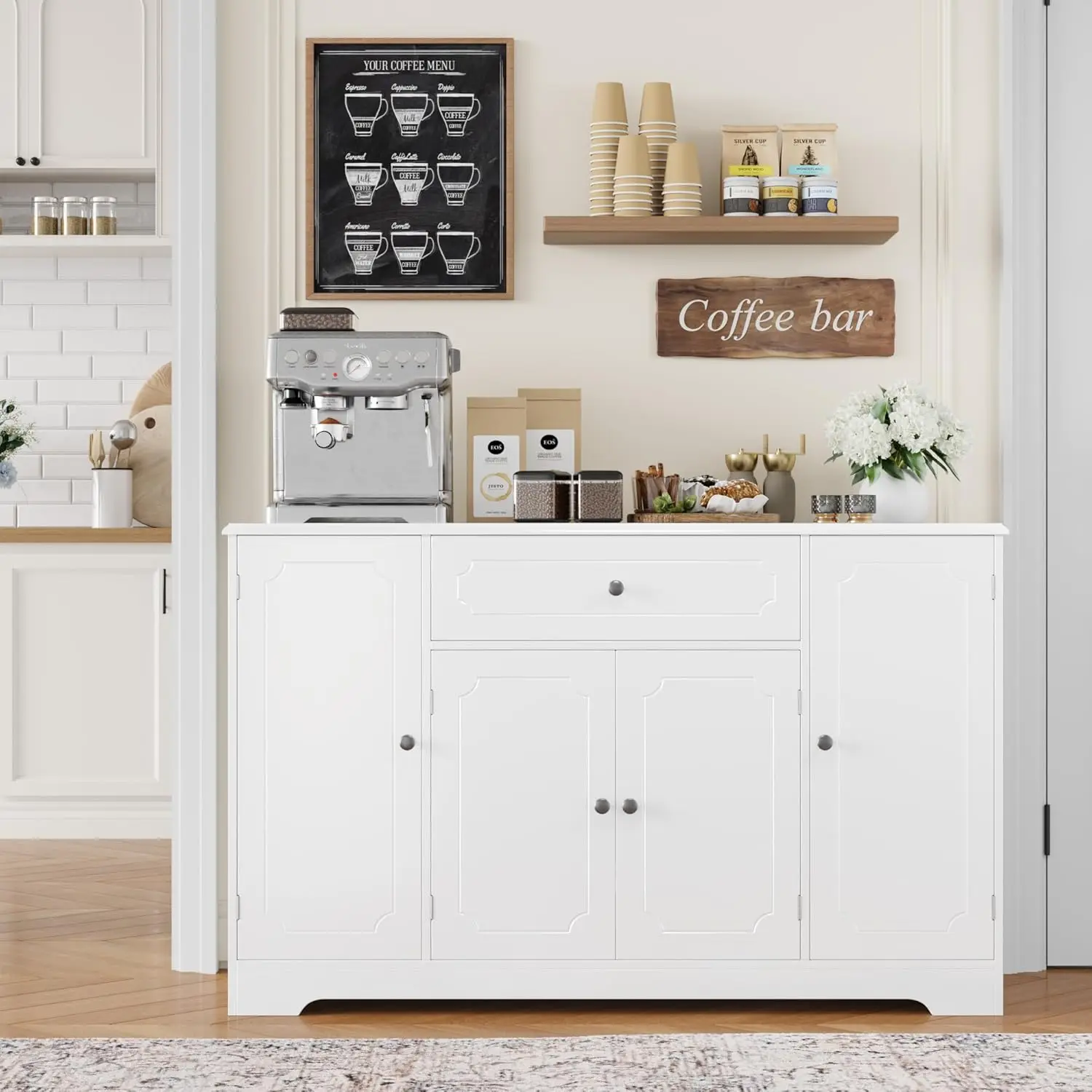 Современный белый буфет с ящиком и дверцами, большой шкаф для хранения вещей 47,2 дюйма с регулируемыми полками для кухни, Di