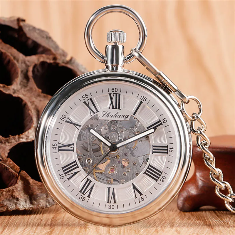 Vintage Open Face Pocket Watch, relógios mecânicos automáticos unisex, ponteiros luminosos, Roman Number Design, pingente corrente, antigo