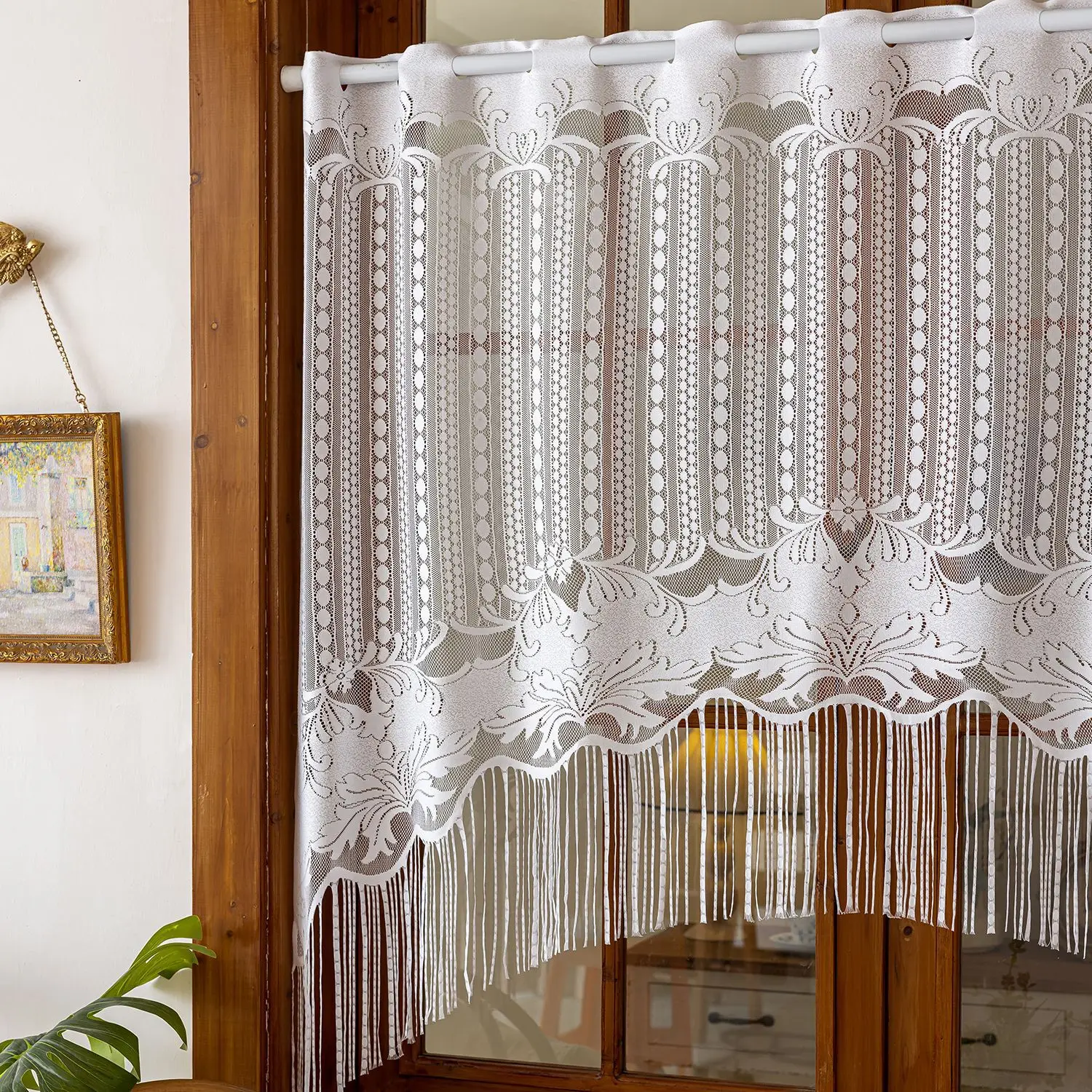1 PC French European Lace Kitchen Partition Curtain, Embroidered Flower Coffee Door Curtain, Short Window Curtains, Cabinet Deco