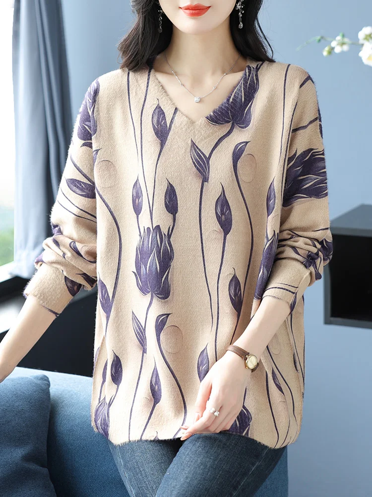 

Floral Print Sweaters Autumn Casual Long Sleeve Top Pullovers Knitwear Jumper Pull Elasticity V Neck Sweater Women