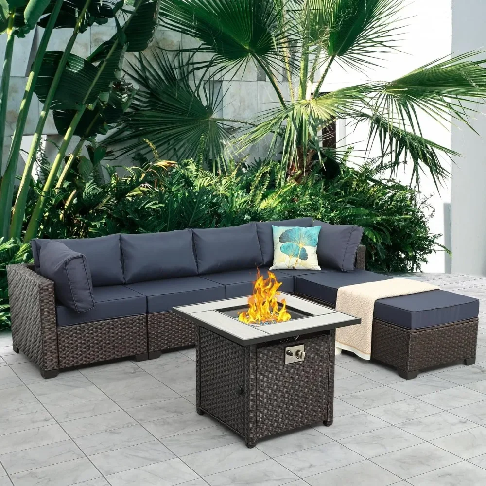 Outdoor Patio Furniture Set 7 Pieces Sectional Sofa Brown Rattan Conversation Couch with PE Wicker Propane Fire Pit Table