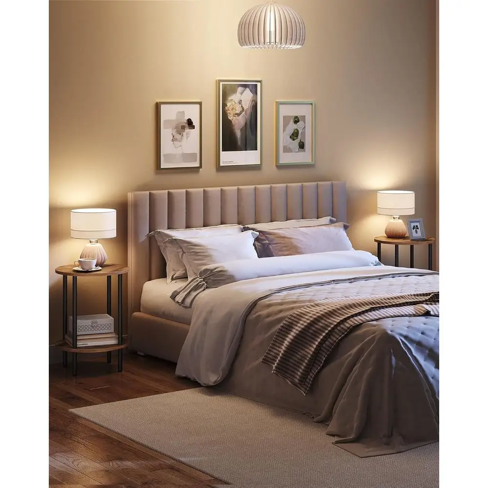 ラウンド2段エンドテーブル、小さなナイトスタンド、丈夫な金属フレーム、インダストリアルスタイルのコーヒーテーブル、リビングルームやベッドルームに最適